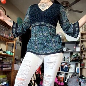 Y2K Mandala Design, Flowly Sleeve Babydoll Top